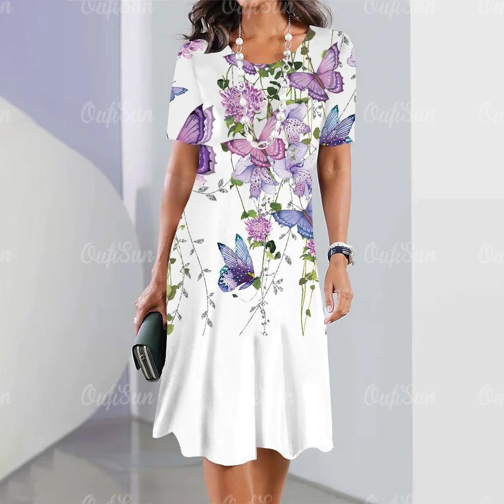 Классическая женская одежда Платья Летние красные наряды Простая женская одежда Цветочный принт Платье Свободная юбка-трапеция с круглым вырезом