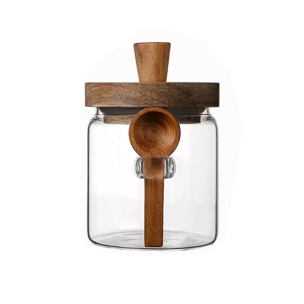 With Wooden Lid Coffee Bean Storage Jar With Wood Spoon Clear Spice Storage Tank Seasoning