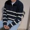 Мужской ретро свитер в корейском стиле в полоску на молнии до середины с лацканом