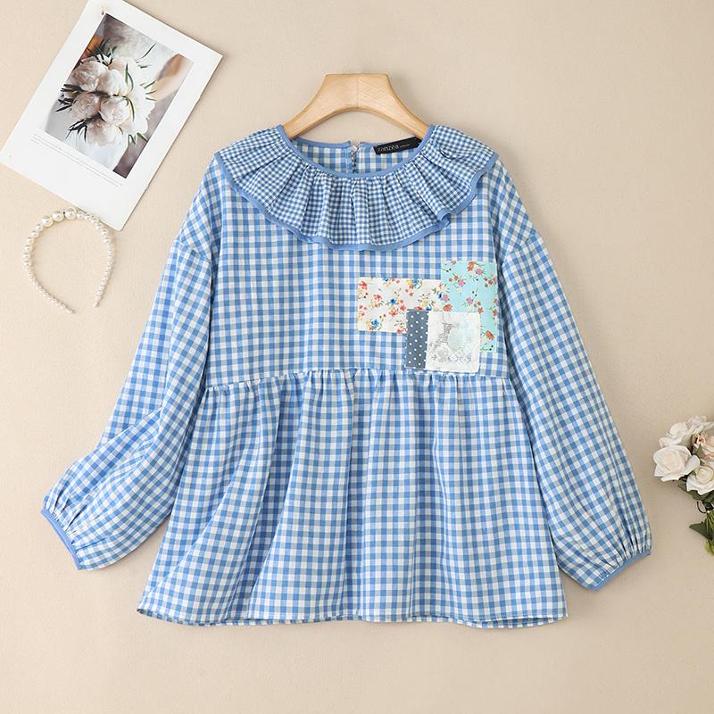 ZANZEA Женская повседневная блузка с оборками, круглым вырезом, свободным длинным рукавом и клетчатым принтом