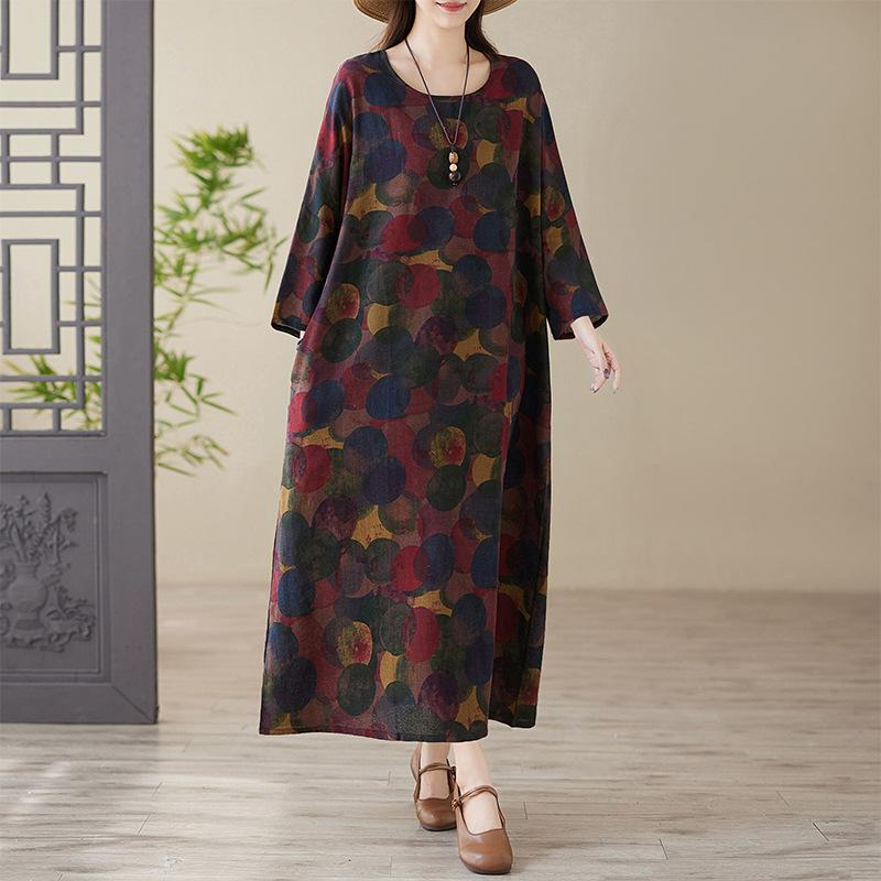 Весеннее цветное платье в стиле «отпуск», для путешествий в стиле ретро, свободное, повседневное, большого размера, с длинными рукавами, из хлопка и льна