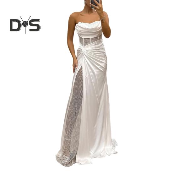 Женское вечернее платье бандо с открытыми плечами без рукавов плиссированное сетчатое платье в стиле пэчворк с блестящими пайетками атласное платье длиной до пола банкетное выпускное платье макси