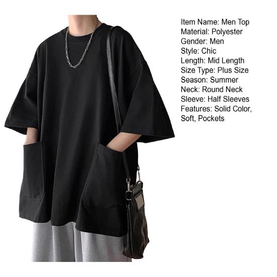 Summer Men T-shirt Round Neck Loose Mid Length Solid Color Plus Size Pockets Half Sleeves Streetwear Outdoor Top