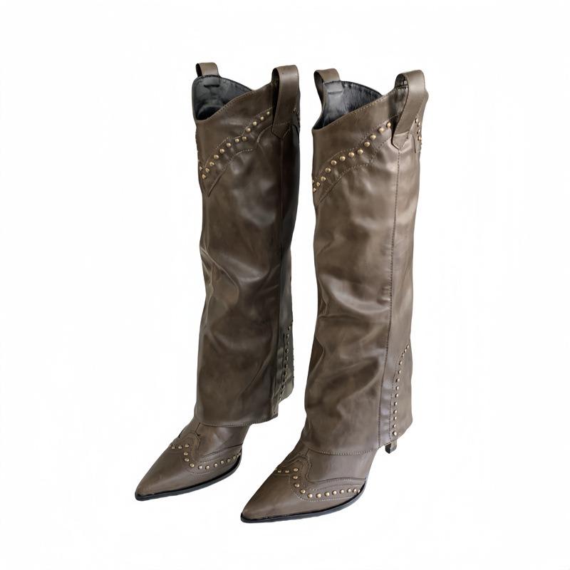 Брюки сапоги Западные ковбойские сапоги Зимние новые с маленьким острым носком на тонком каблуке с высоким голенищем с заклепками