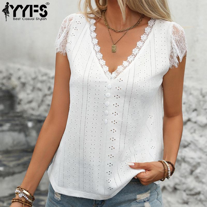 YYFS Женские модные повседневные летние весенние однотонные блузки и рубашки без рукавов с v-образным вырезом и принтом
