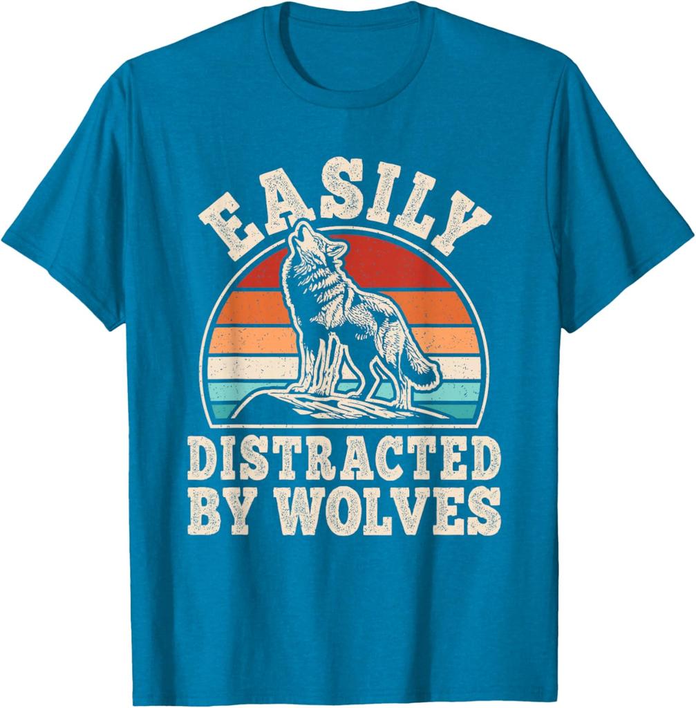 Easily Distracted By Wolves Retro Graphic T-Shirt Vintage Sunset Wolf Howling Print Casual Cotton Tee