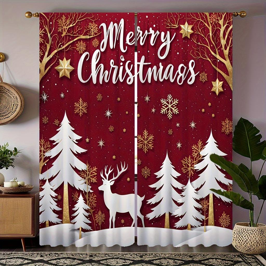 2pcs Luxurious Christmas Lights Print Curtains Set Semi-Sheer Polyester With Rod Pocket For Easy Hanging For Bedroom Living Room