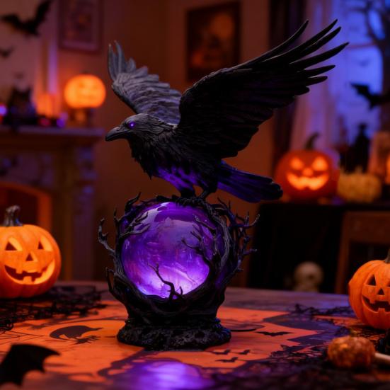Gothic Raven LED Lamp Hand-Crafted Sculpture On Purple Glow Sphere Mysterious Decor for Dark Art And Halloween Unique Desk Night Light