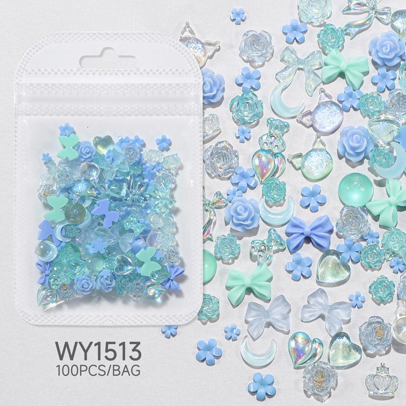 100 шт., 3D смола, розовый, фиолетовый, подвеска для ногтей, цветы, сердце, медведь, смешанное украшение для дизайна ногтей, Kawaii, розовая лента, бант, сделай сам, часть для ногтей
