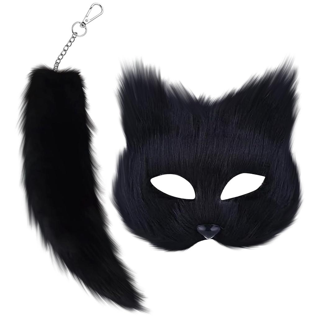 Терианская маска и комплект с хвостом на Хэллоуин, косплей, аксессуары для костюма, маска для кошек, хвост, половина лица, искусственный мех, лисий хвост, маска для кошек