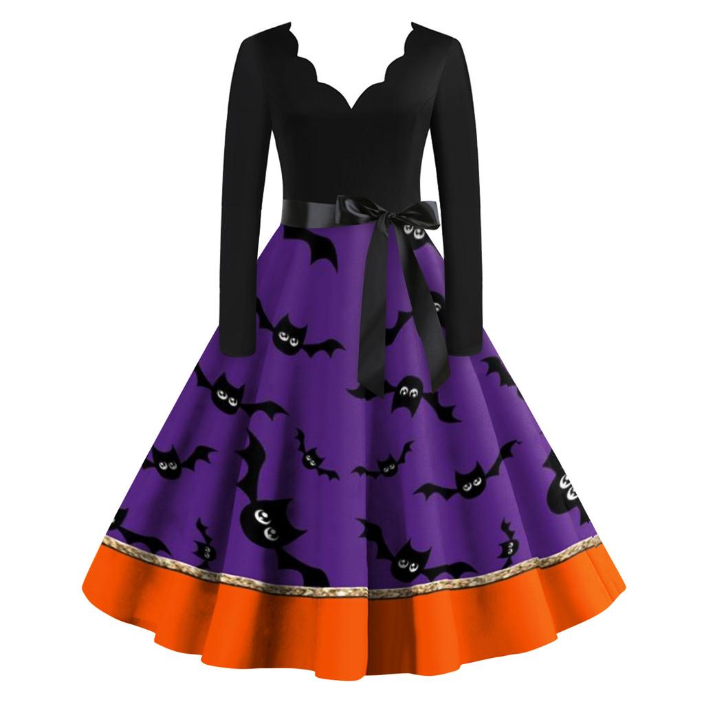 Женское винтажное классическое платье с вырезом на талии и галстуком-бабочкой с длинными рукавами на Хэллоуин с принтом и V-образным вырезом, свободное платье