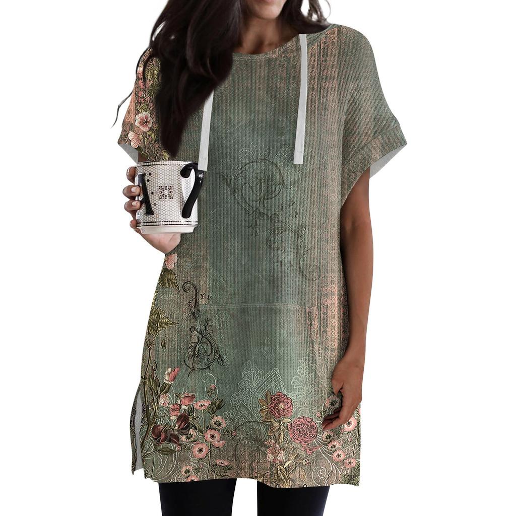 Женские свободные рубашки с принтом, толстовки с короткими рукавами и шнурком, вязаная туника с боковыми разрезами, топы с капюшоном и карманом