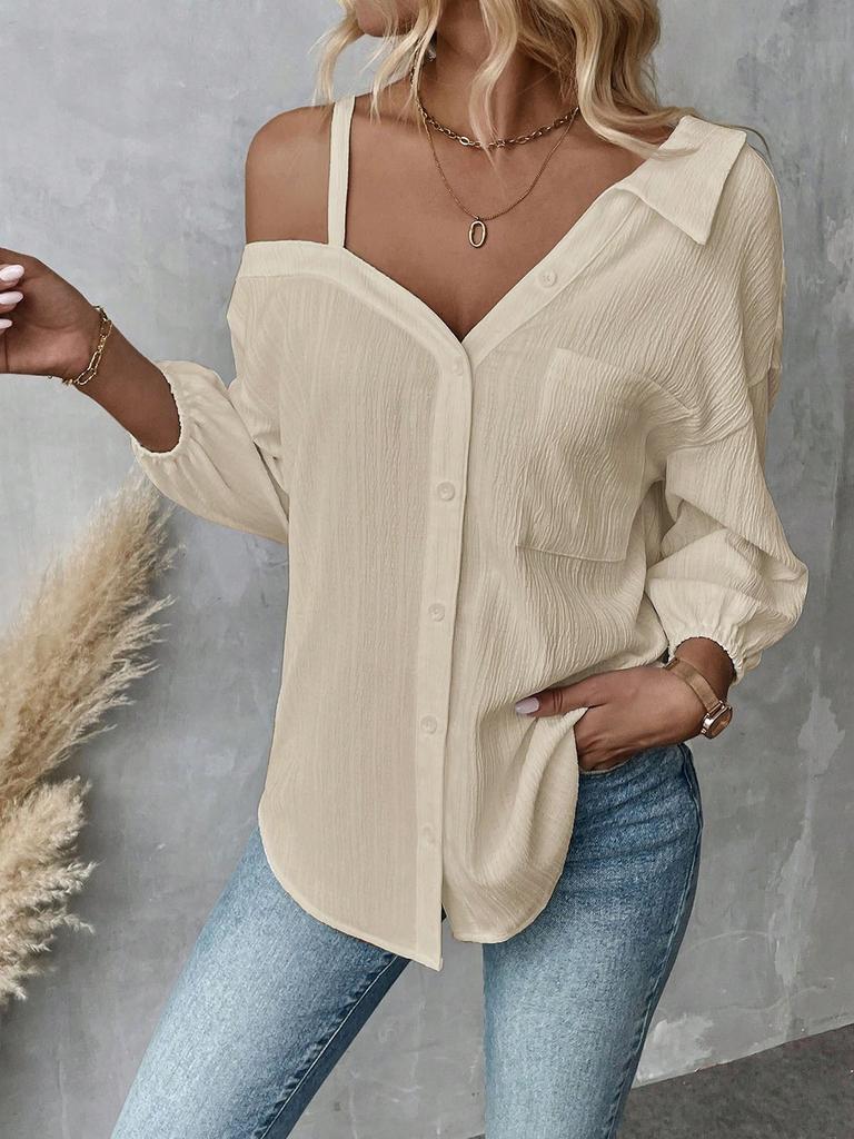 WX019423WMC 2025 Spring Women Textured Crinkle Off Shoulder Shirt Lapel Collar 3/4 Puff Sleeve Single Button Down Casual Blouse S-XL