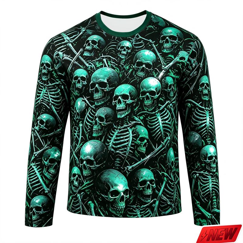 Halloween Men's Scary Skull Print T-Shirt Fashionable Trendy Street-Style Long Sleeve Loose-Fitting Breathable Men's Top