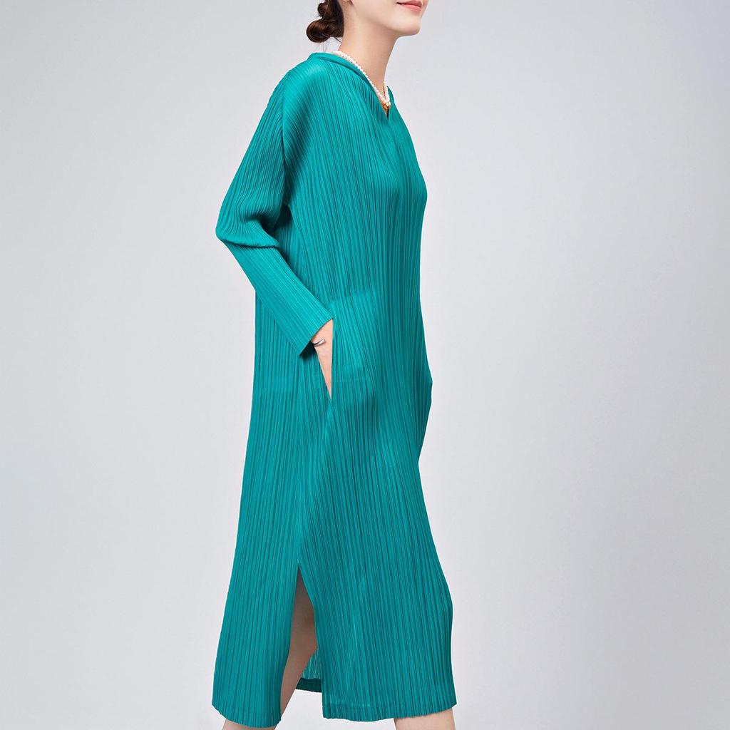 Женское летнее повседневное плиссированное платье-юбка с капюшоном, длинными рукавами, свободного кроя, больших размеров и высококлассным дизайном разреза средней длины.