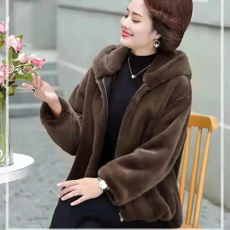 Женское высококачественное пальто из норки с капюшоном, осенне-зимнее пальто из искусственного меха для женщин, норковый бархат в стиле вестерн, широкая модель для женщин