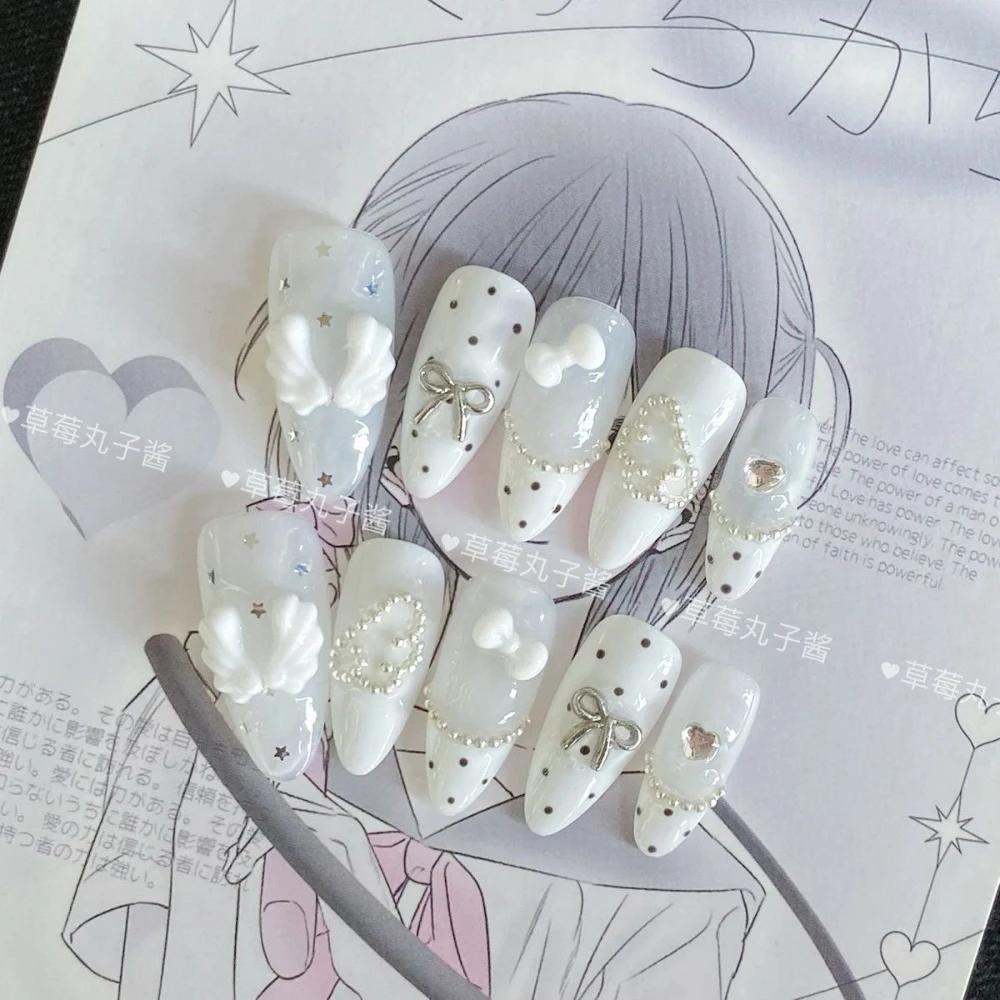 10Pcs Y2K Handmade Press On Nails Short Square Cartoon Stickers Pearl Wings Heart Bow Holiday Gift