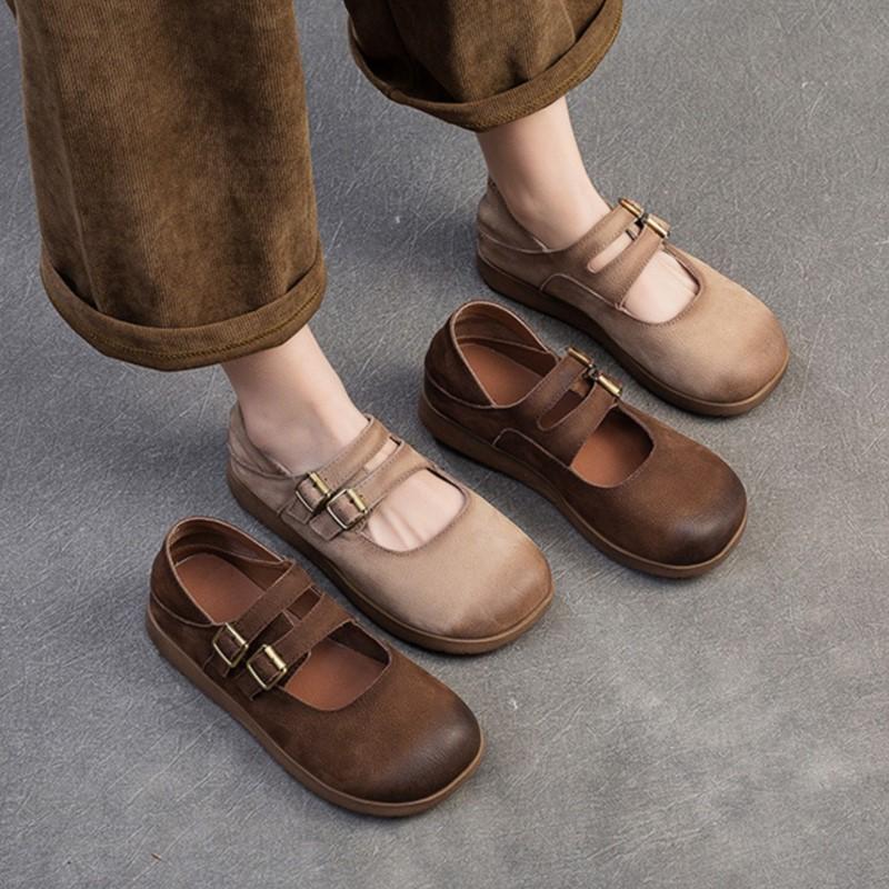 Мода GKTINOO 2025 Весна Новые Ретро Мягкая Кожа Мягкая Подошва Удобные Балетки Круглый Носок Коровья Кожа Повседневные Женские Туфли