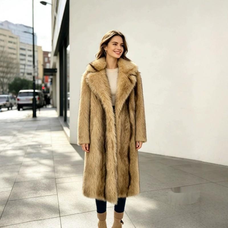 Womens Long Faux Fur Coat Thick Warm Elegant Fox Overcoat Fall Winter