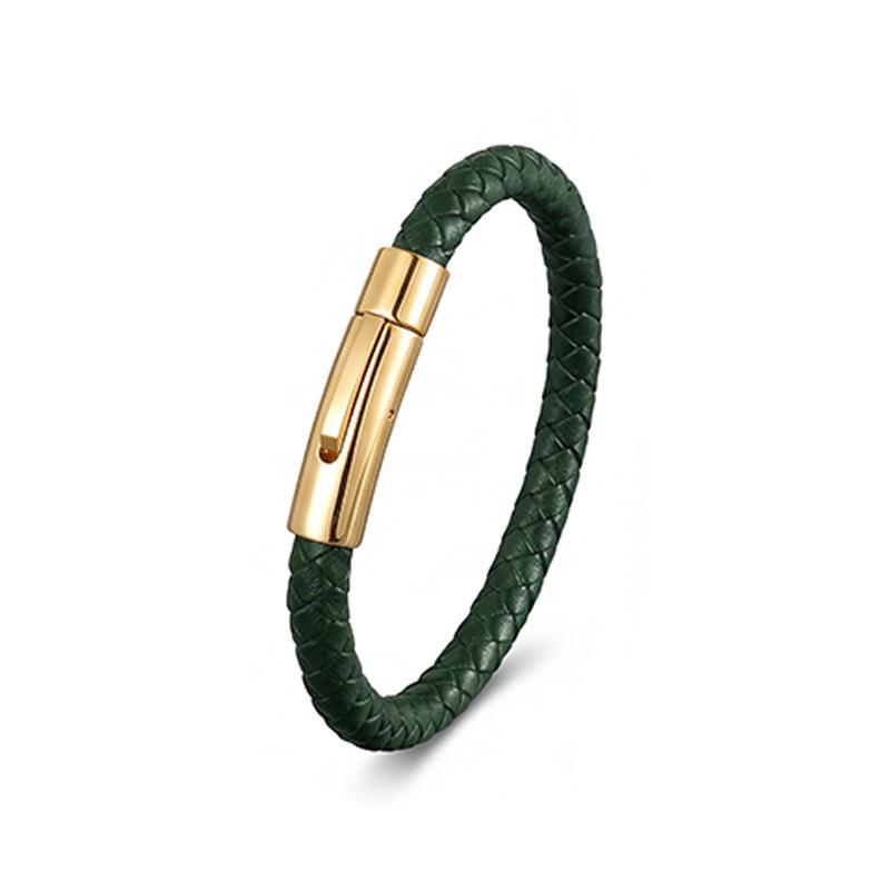 Европейский и американский кожаный браслет с застежкой-кнопкой из нержавеющей стали Мужской плетеный кожаный браслет