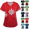 Women's Cute Printed Work Clothes V-neck Double Layer Pockets Basic Short Sleeve Top Pullover Christmas