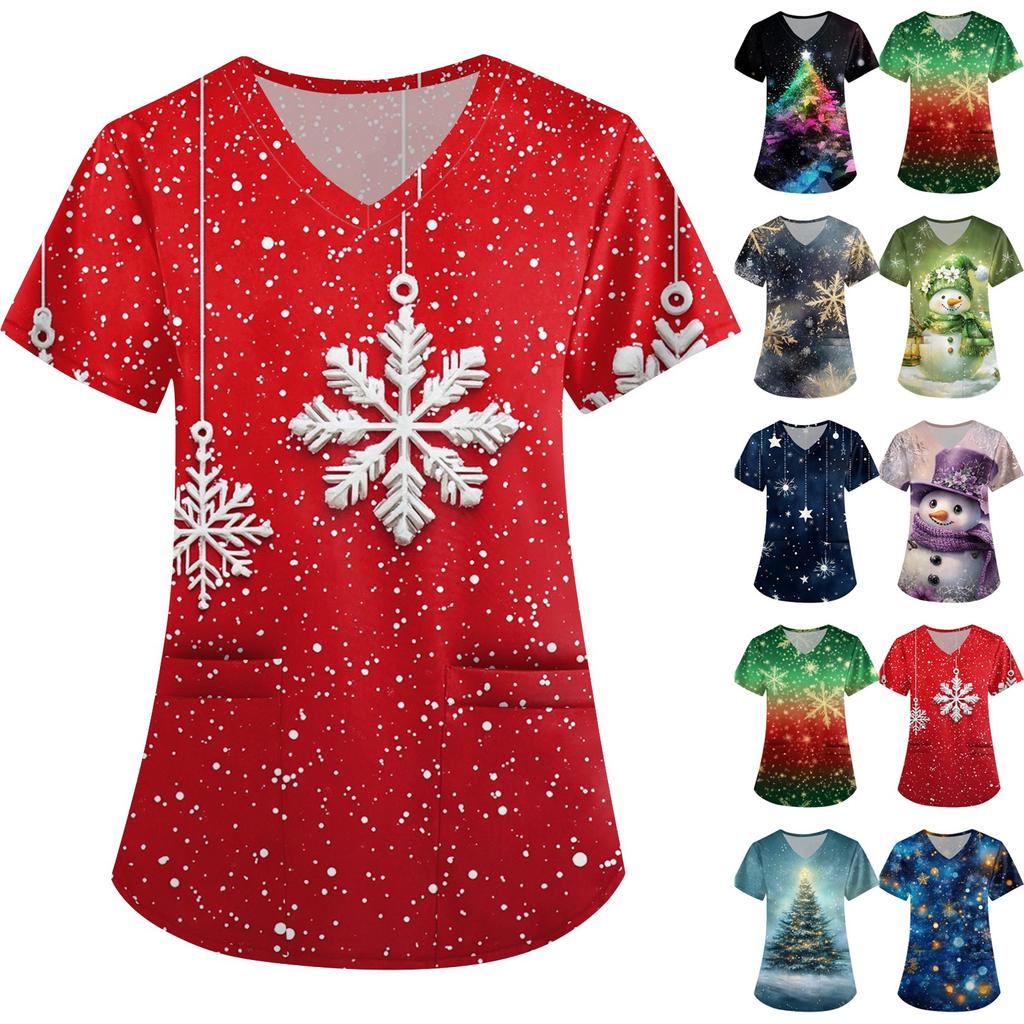 Women's Cute Printed Work Clothes V-neck Double Layer Pockets Basic Short Sleeve Top Pullover Christmas