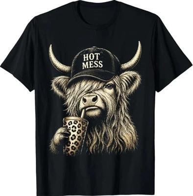 Funny Highland Cow Coffee Lover Hot Mess Graphic T-Shirt Cute Farm Tee S-5XL