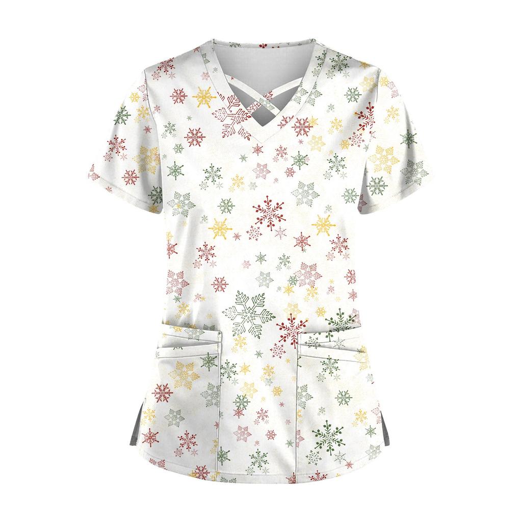 Women's Short Sleeve Stagger V Neck Christmas Print Pocket Dry-nurse Top