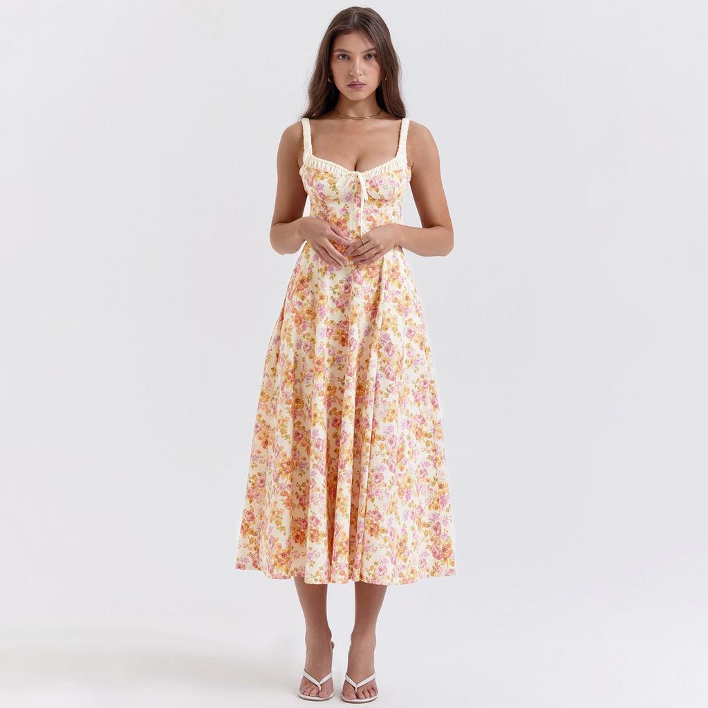 Женское платье длиной до щиколотки с открытой спиной и принтом на тонких бретельках с v-образным вырезом и высокой талией