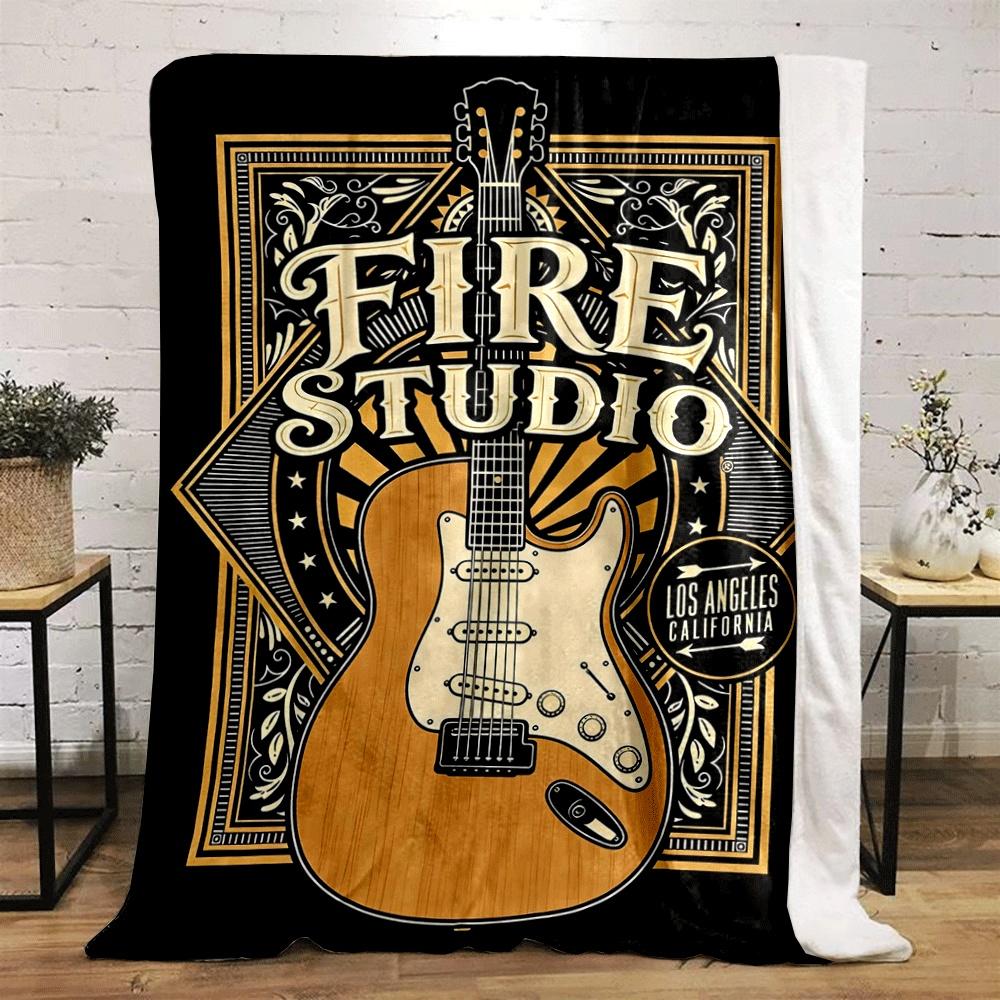 Wooden electric guitar surrounded by ornate flourishes and bold typography. for all seasons blanket lunch break throw gift