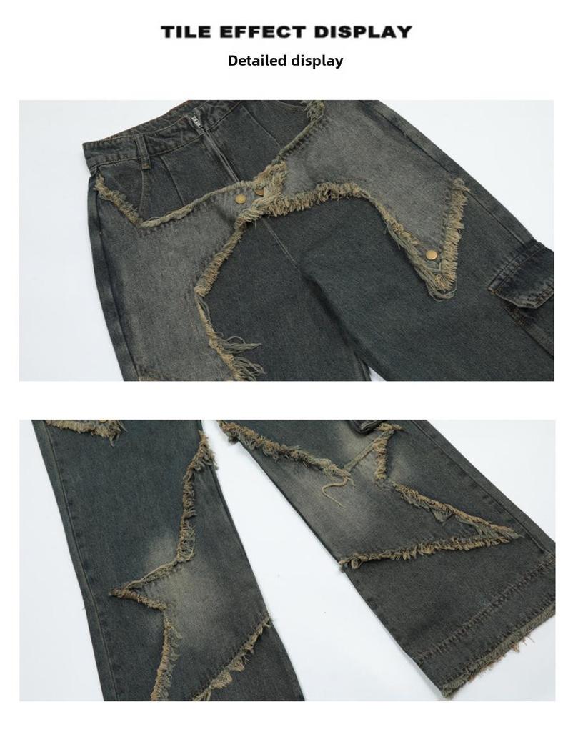 American Retro Distressed Wide-Leg Jeans with Pentagram Design and Big Pockets for Men