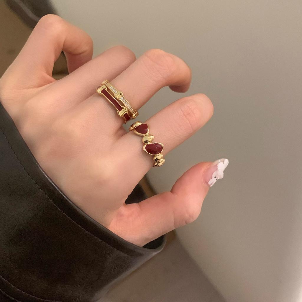 Кольцо с красной глазурью в стиле ретро, цирконами, дизайн index finger ring, открытое кольцо, тренд