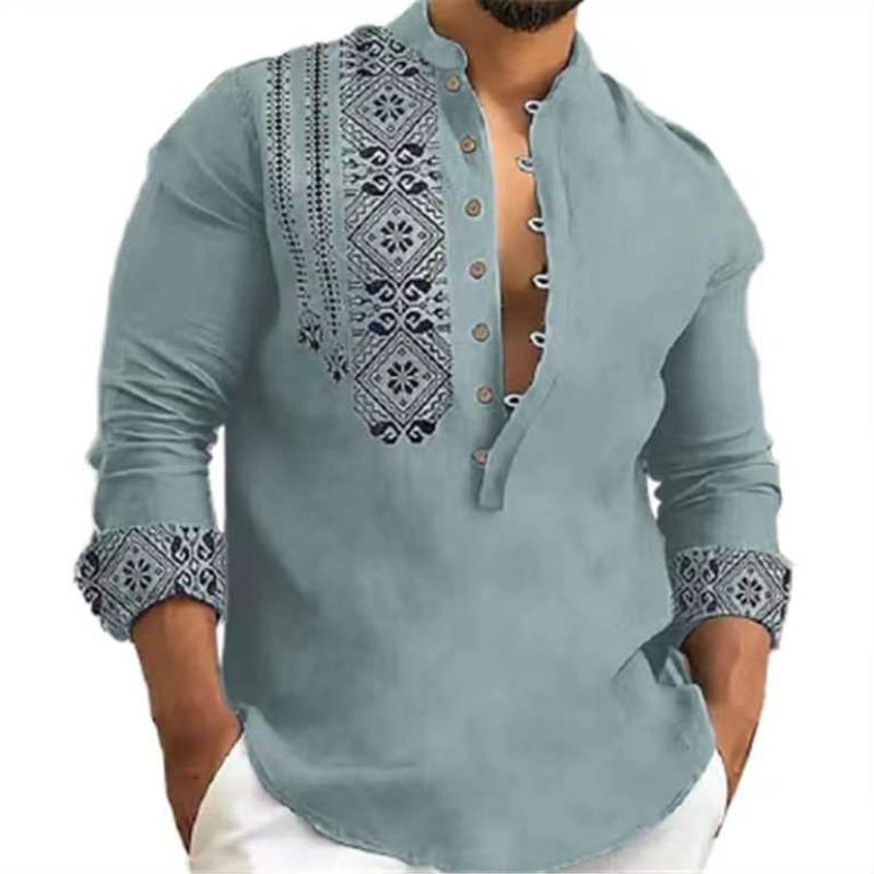 Men's Ethnic Style Trendy Geometric Pattern Long Sleeve Henley Shirts, Comfy Breathable Casual Slightly Stretch Tops, Men's Clothing