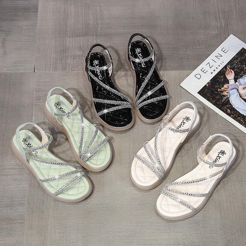 Сандалии на плоской подошве, женские, со стразами, летние, новинки 2024 года, без каблука, элегантные, римские, ортопедические, модные, удобные