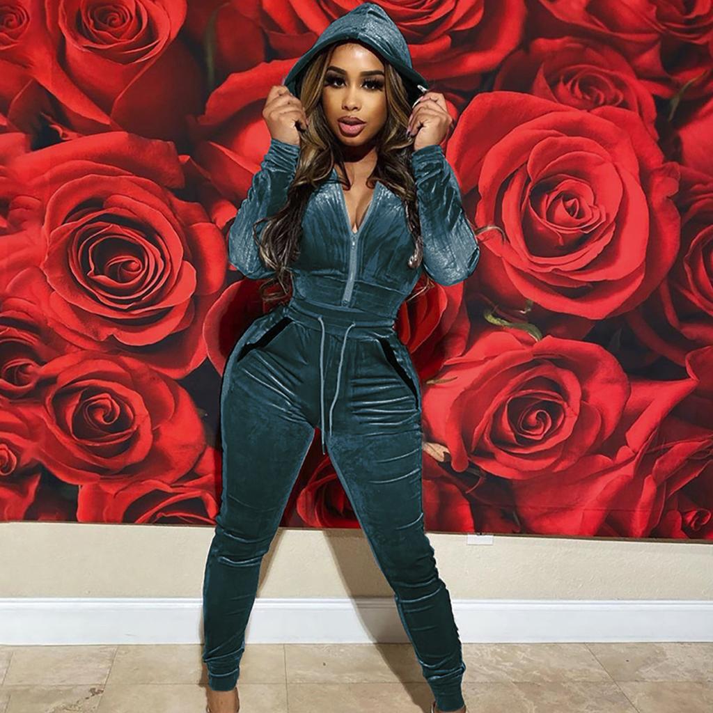 Женский модный спортивный велюровый костюм с капюшоном, длинными рукавами, облегающего кроя и на молнии