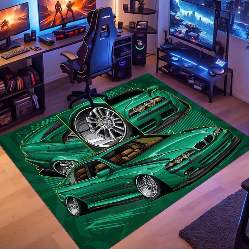Green Classic Tuner Sedan Comic Split Print Area Rug Non‑Slip Rectangular Floor Mat Modified Car Fan Decor for Gaming Bedroom Living Room