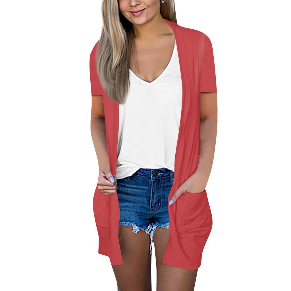 Women's Fashion Loose Casual Pocket Solid Color Cardigan Short Sleeve Jacket Top