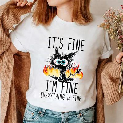 Модная женская футболка It's Fine I'm Fine Everything Is Fine, женская футболка с рисунком кошек, повседневные женские футболки в стиле Харадзюку, топы