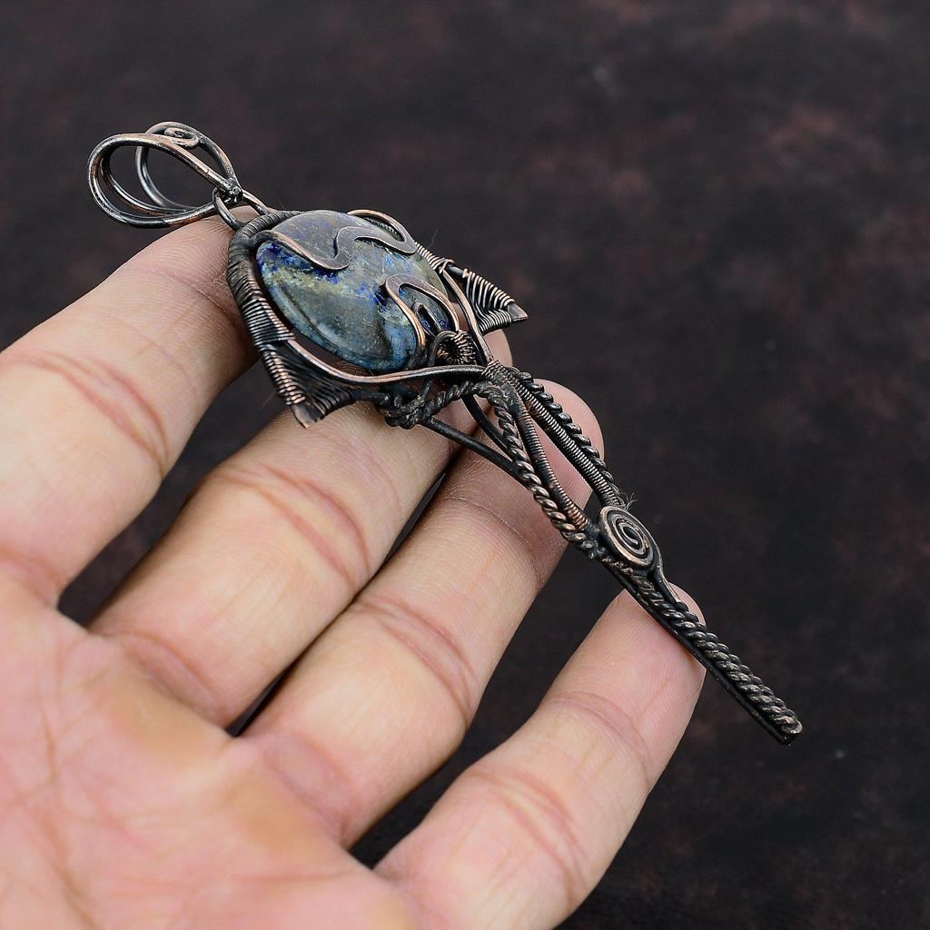 Подвеска из азурита и малахита, подвеска из медной проволоки, стильная подвеска, драгоценный камень, медная подвеска, ювелирное изделие ручной работы, свадебный подарок