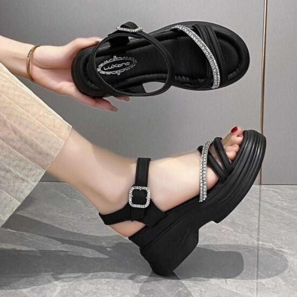 Melting Brown Women S Summer Daily Cubic Strap Glitter Platform SandalS 2 Color
