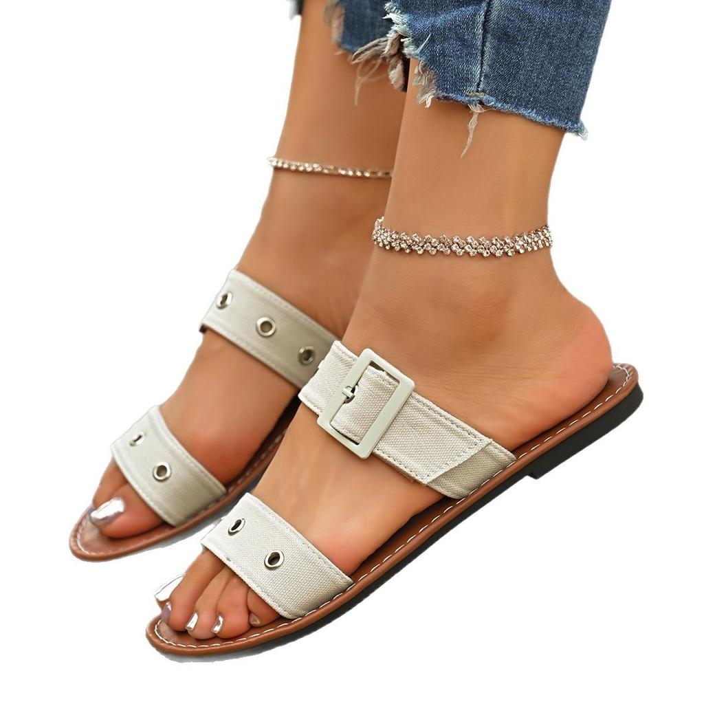 New Large-size Buckle Flat-bottomed One-word Slippers Women's Open-toed Retro Wind Beach Slippers