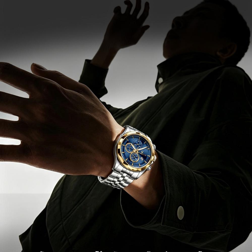 CHAXIGO444 New Trendy Men's Steel Belt Quartz Three Eye Timing Business Watch Night Light Waterproof Watches for Man Reloj