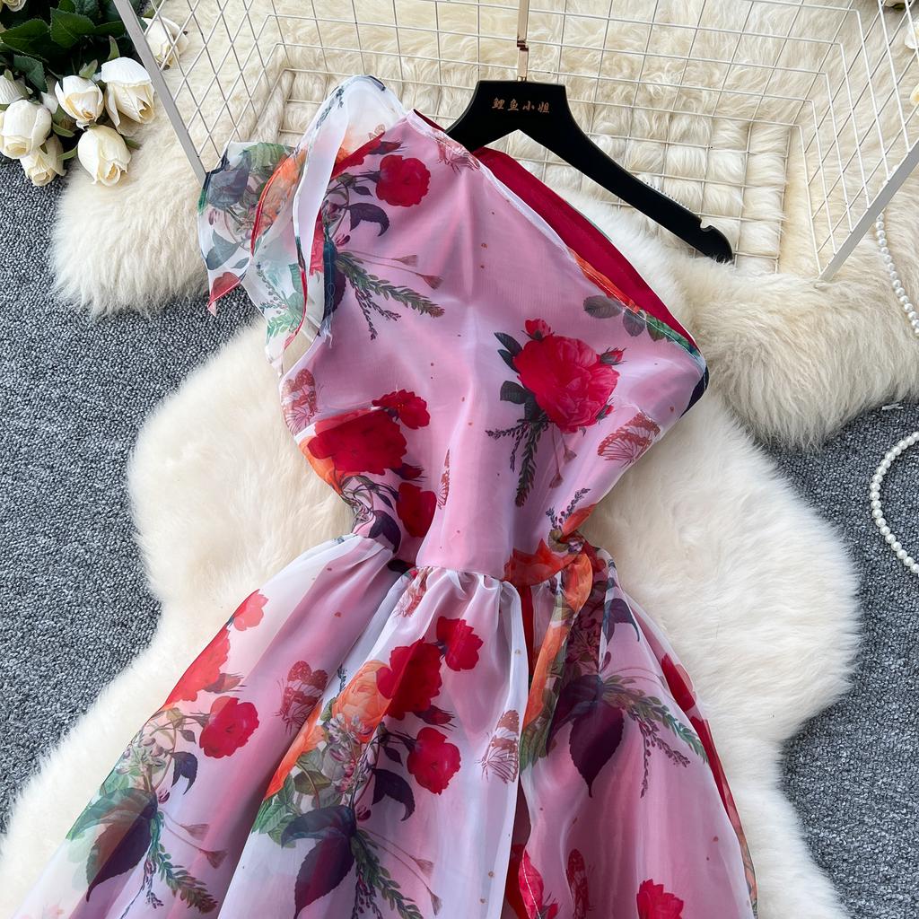 Летнее великолепное платье из органзы с цветочным принтом, женское платье на одно плечо с бантом и цветочным принтом, с высокой талией, в стиле бохо, с длинным разрезом