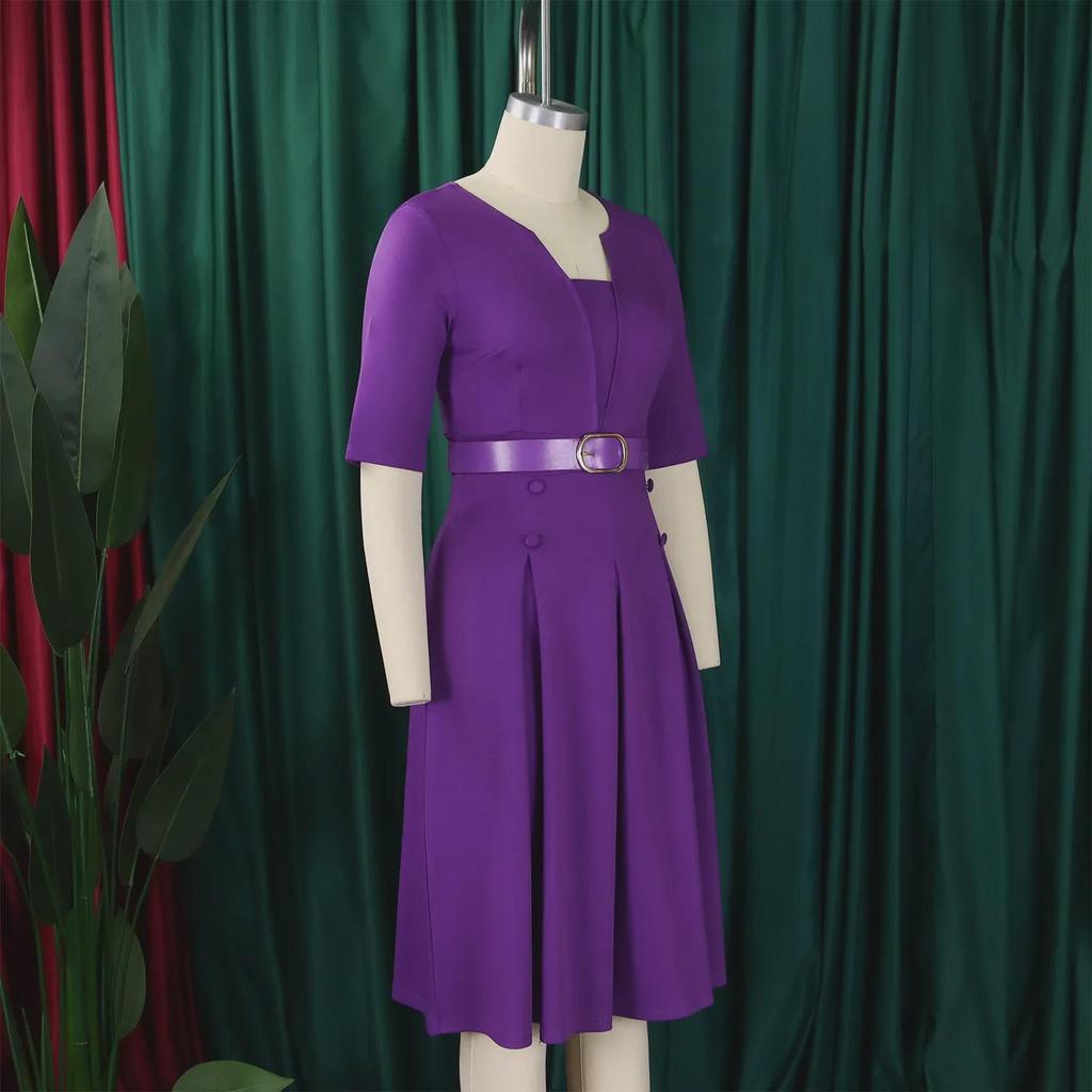 D533 Плюс Размер Женское Элегантное Однотонное Платье в Африканском Стиле с Рукавом 5-Точек - Мода Осень 2024