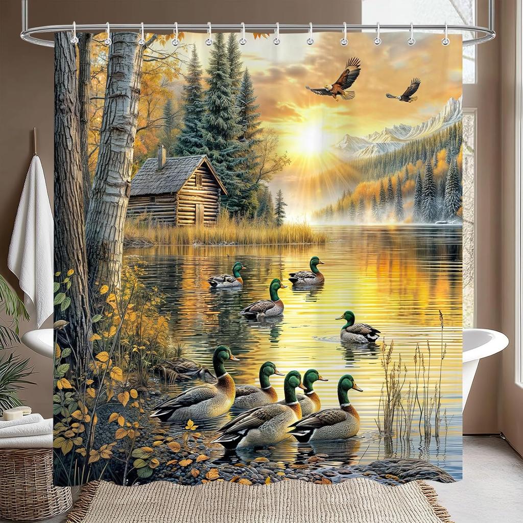 Rustic Cabin Shower Curtain, Retro Country Farmhouse Duck Natural Forest Lake Scenery Bath Curtain for Bathroom, Woodland Anmial