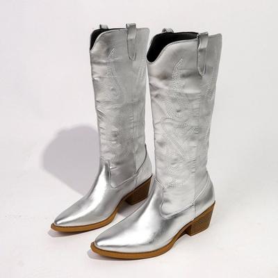 Модные Темпераментные Высокие Сапоги Женские Осенние Модные Остроносые Вышитые Сапоги на Блочном Каблуке С Рукавом Нескользящие Рыцарские Сапоги