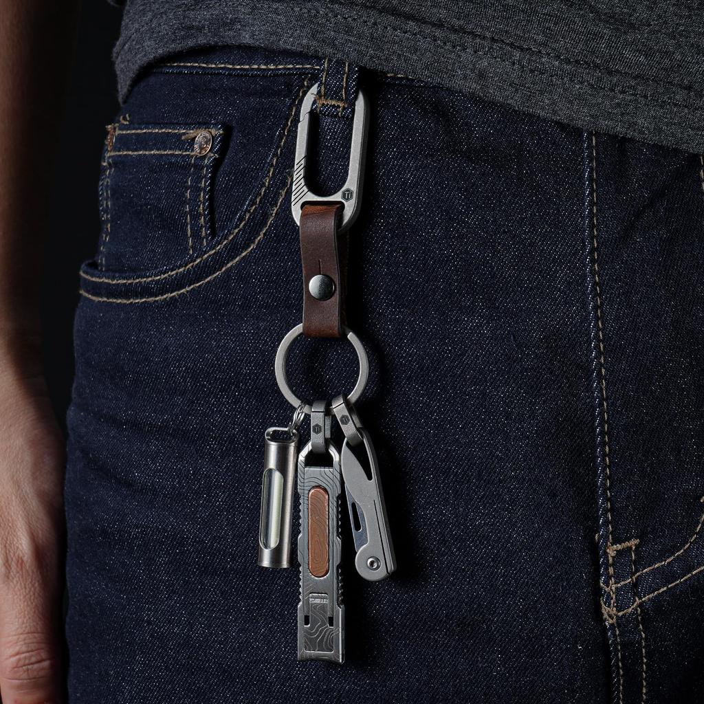 KeyUnity KM24SW Titanium with Detachable Cowhide Leather EDC Leather Key 2 Colors Keychain, Lightweight, Thin, Connection, Men's Tool, Ring, Gift,