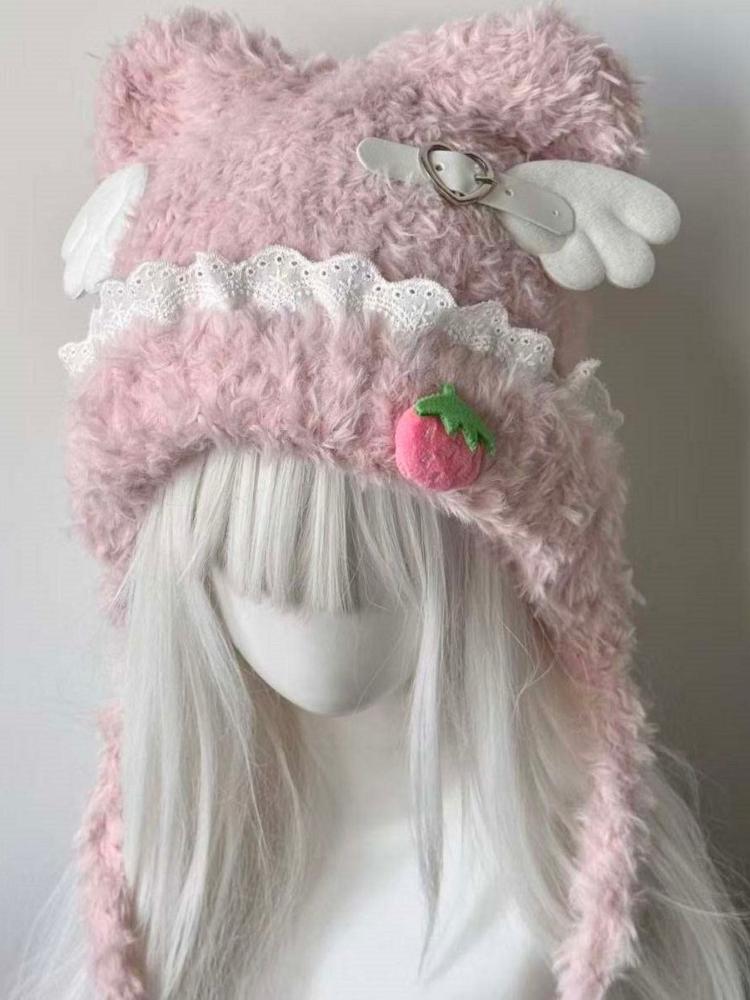 Y2K Aesthetic Lace Patchwork Knitted Fairy Hat Cute Strawberry Winter Cap Harajuku Kawaii Grunge Women Hats