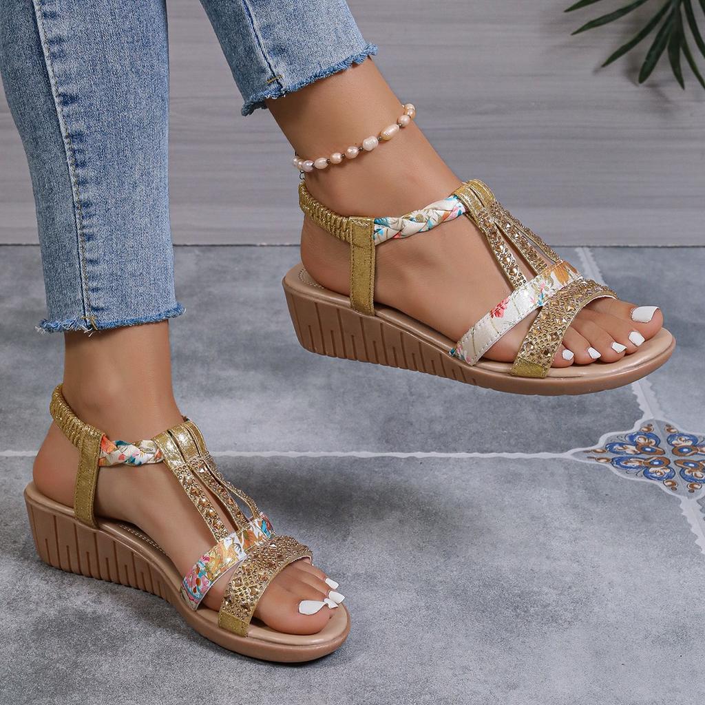 Women Wedges Sandals Summer Bohemia Rhinestones Casual Platform Sandals Female Peep Toe Outdoor Beach Shoes Sandalias De Mujer