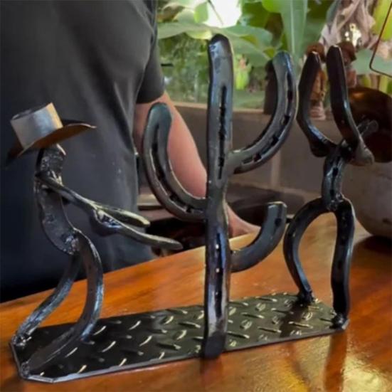 Western Cowboy Cactus Wine Bottle Rack Metal Tabletop Wine Holder with Glass Support Rustic Decorative Bar Accessory for Home Bar Restaurant Cafe